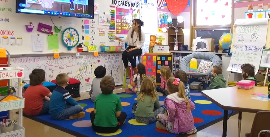 Kindergarten Teacher Nicole Smith, teaching her class during carpet time