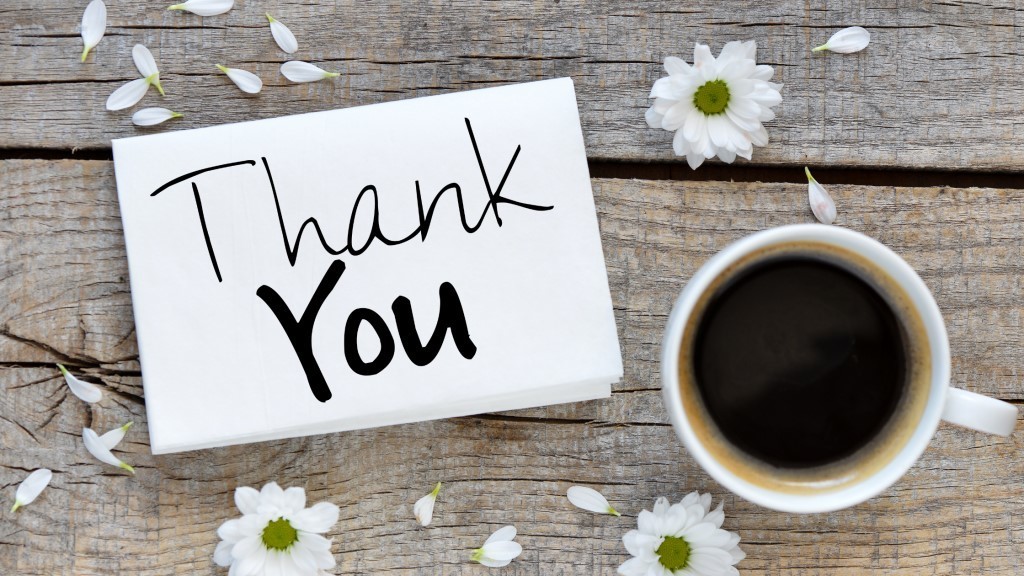 thank you card with cup of coffee and flowers